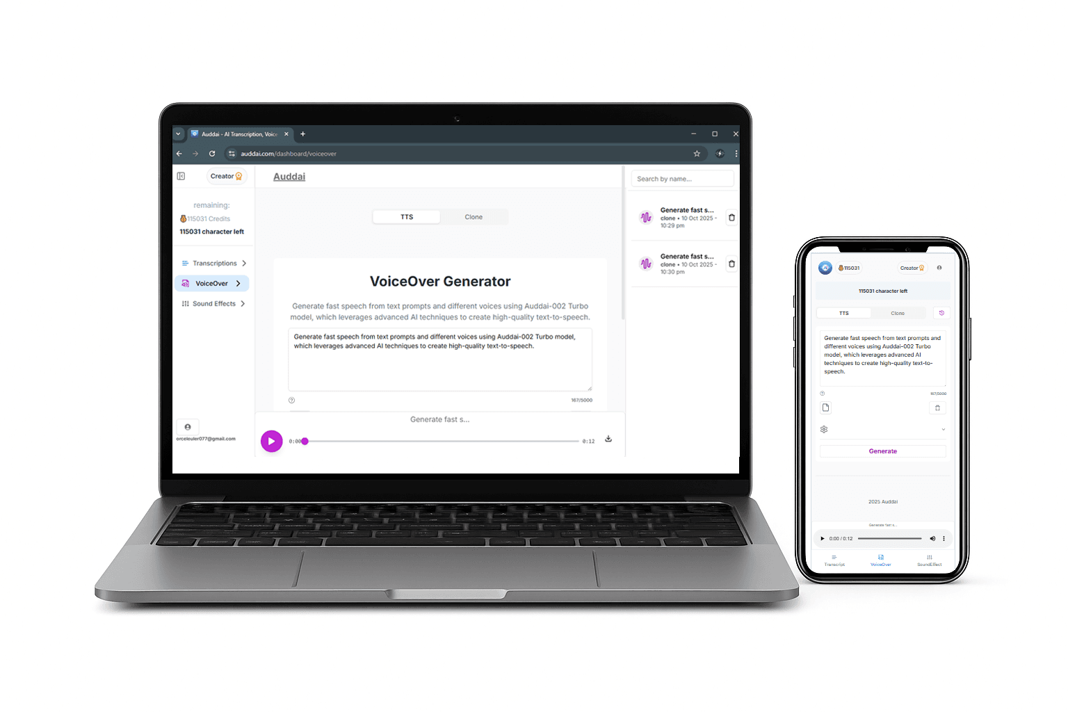 Auddai dashboard interface. Auddai is a Simple and Easy to use cloud-based AI software.